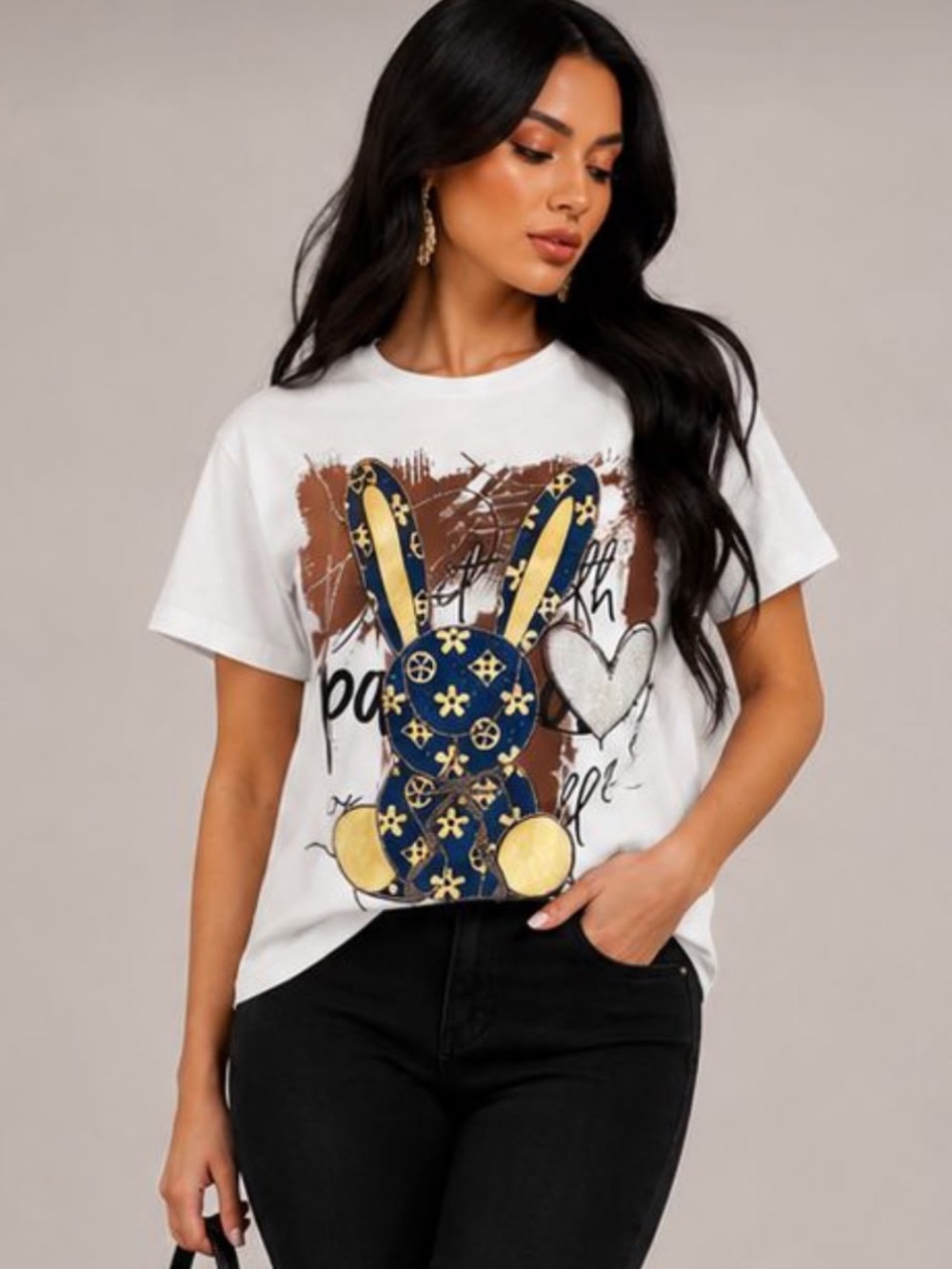 ShopEvelynne White Graphic Bunny Tee with Navy and Brown Accents